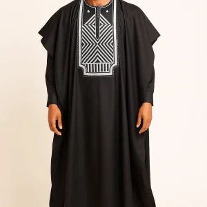 Original Black Men’s 3 Piece Agbada Set with Matching Fila Cap as Free Gift