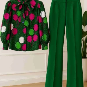 Corporate High-Neck Blouse and Green Trousers