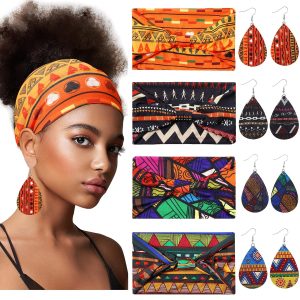 African Headband and Earring Set for Women, 4 Matching Wide Knotted Head Wraps with Faux Leather Earrings, Boho Jewelry Hair Accessories(Bright Pattern)